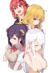 4girls absurd_res ahoge bare_shoulders bat_hair_ornament big_breasts bikini black_hair black_shirt blonde_hair blue_eyes bow bowtie breasts cardigan cleavage closed_eyes collarbone collared_shirt commentary_request cross_hair_ornament demon_horns gabriel_dropout gabriel_tenma_white green_bikini hair_between_eyes hair_ornament hair_ribbon hair_rings high_res horns long_hair looking_at_viewer looking_to_the_side loose_necktie medium_hair messy_hair multiple_girls neck_tie open_collar open_mouth pink_cardigan purple_eyes raphiel_shiraha_ainsworth rauto red_bow red_bowtie red_hair red_ribbon ribbon satanichia_kurumizawa_mcdowell school_uniform shirt short_sleeves silver_hair sweater_vest swimsuit upper_body vignette_tsukinose_april white_background white_shirt x_hair_ornament
