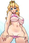  1girl artist_name big_breasts bikini bikini_bottom_pull bikini_tan blonde_hair blue_earrings blue_eyes breasts cleavage clothed clothes_pull clothing crown dracksart ear_piercing earrings genitals hairless_pussy long_hair looking_at_viewer mario_(series) naughty_face navel nintendo piercing pink_bikini pink_clothing pink_swimsuit polka_dot polka_dot_bikini polka_dot_swimsuit portrait presenting presenting_pussy princess_peach pulled_by_self pursed_lips pussy pussy_peek royalty sexy sexy_body sexy_breasts shiny shiny_skin standing super_mario_bros. swimsuit swimwear tan tan_line tanned tanned_female thick_thighs thighs three-quarter_portrait 