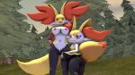 1girl 3d 3d_(artwork) anthro ass bedroom_eyes braixen breasts canid canine delphox digital_media_(artwork) duo female/female forest fox gen_6_pokemon high_res leg_grab looking_at_viewer mammal narrowed_eyes nintendo nipples plant pokemon pokemon_(species) presenting presenting_hindquarters seductive small_breasts smile tree volcalest yuri