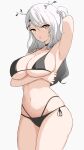 1girl alternate_hairstyle arm_up armpits bare_shoulders big_breasts bikini black_hair breast_hold breasts ceres_fauna collarbone gothic high_res hololive hololive_english looking_at_viewer md5_mismatch midriff stomach swimsuit thighs white_hair yellow_eyes zeropen