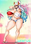  beach gigantic_ass gigantic_breasts horns hourglass_figure one_piece ponytail sunglasses witchking00 yamato_(one_piece) 