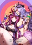 2_girls alluring alternate_costume athletic_female bandeau bare_shoulders big_breasts bikini blush breasts camilla_(fire_emblem) color_connection commentary commission crown cup drinking_glass drinking_straw female_abs female_focus fire_emblem fire_emblem_engage fire_emblem_fates fire_emblem_heroes fit_female flower grin gzei gzeidraws hair_flower hair_ornament hair_over_one_eye high_res holding holding_cup ivy_(fire_emblem) long_hair looking_at_viewer matching_hair/eyes mole mole_under_mouth multiple_girls nail_polish nintendo official_alternate_costume parted_lips pink_lips purple_bikini purple_eyes purple_hair purple_nails sarong smile stomach swimsuit thighs trait_connection tropical_drink very_long_hair watermark