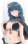 1girl big_breasts bikini black_bikini black_capelet blush breasts byleth_(female) byleth_(fire_emblem) byleth_(fire_emblem)_(female) capelet cleavage closed_mouth commentary_request cowboy_shot dagger fire_emblem fire_emblem:_three_houses fire_emblem_heroes flower hair_between_eyes hair_flower hair_ornament hand_on_own_chest hibiscus high_res knife komurice long_hair looking_at_viewer midriff navel nintendo official_alternate_costume red_flower sheath sheathed sideboob sidelocks single_bare_shoulder standing swimsuit tassel teal_eyes teal_hair weapon