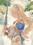  1girl alluring armor big_breasts blonde_hair cleavage closed_eyes from_side high_res long_hair milf multi-tied_hair pinpan project_soul see-through shield shoulder_armor silf sophitia_alexandra soul_calibur soul_calibur_ii soul_calibur_iii soul_calibur_vi sword weapon 