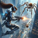 ai_generated armored_bodysuit armored_boots armored_gloves back_view battle city city_background cityscape headphones jetpack long_hair ponytail red_hair redhead rifle spider weapon