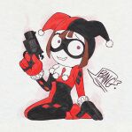 bodysuit gloves gun harlequin harlequin_hat harley_quinn_(cosplay) looking_at_viewer masked_female nervous_expression nervous_smile non-nude pomni short_hair the_amazing_digital_circus