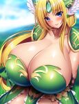  1girls big_breasts bikini_armor bimbo blonde_hair blue_eyes blurry_background blush breasts cleavage curvaceous curvy earrings elf elf_ears female_only gigantic_breasts grass hair_ornament huge_breasts hyper_breasts looking_at_viewer massive_breasts mikan_(5555) outside riesz seiken_densetsu seiken_densetsu_3 smile source_request trials_of_mana very_long_hair voluptuous yellow_hair 
