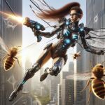 ai_generated armor armored_bodysuit armored_boots armored_gloves bee city city_background cityscape glasses glowing glowing_body gun long_hair mechanical_wings pistol ponytail red_hair redhead weapon wings