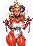 ai_generated big_breasts big_hips blonde blonde_female blonde_hair bodysuit chain_belt chains choker demon_girl fire fire_hair horns lipstick long_hair looking_at_viewer red_lipstick red_skin yellow_eyes