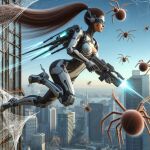 ai_generated armor armored_bodysuit armored_boots armored_gloves backpack body_armor city city_background cityscape glasses jetpack long_hair ponytail red_hair redhead rifle spider weapon