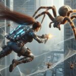 ai_generated back_view city city_background cityscape jetpack long_hair ponytail red_hair redhead rifle spider weapon