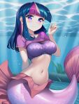 1girl ai_generated big_breasts bra breasts female female_only friendship_is_magic hasbro mermaid mermaid_tail my_little_pony navel novelai purple_bra sammykun shirt shirt_up solo_female stable_diffusion tagme tail twilight_sparkle twilight_sparkle_(mlp) underwater water