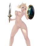  1girl 1girl 1girl alluring big_breasts blonde_hair cait cassandra_alexandra completely_nude completely_nude_female female_only long_hair looking_at_viewer naked_female nude nude nude_female open_mouth project_soul shield silf simple_background solo_female soul_calibur soul_calibur_ii soul_calibur_iii soul_calibur_vi sword weapon white_background 