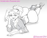 1girl 2024 ass bedroom_eyes big_ass biting_lip chickpea cleavage courtney_babcock digital_drawing_(artwork) eyeshadow fat_ass female_only gradient_background grey_background grey_theme huge_ass laying_down light-skinned_female looking_at_viewer lying_on_stomach massive_ass monochrome paranorman pawg ponytail sfw shoes simple_background smile thong