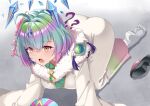 1girl ? ?? all_fours ass big_ass blue_hair breasts clumsy confusion deity divinity female_only fire_emblem fire_emblem_heroes goddess green_hair holidays japanese_clothes kimono kneel long_sleeves medium_breasts multicolored_hair new_year nintendo open_mouth orange_eyes pink_hair rynn_(darknescorez) seidr_(fire_emblem) seidr_(new_year)_(fire_emblem) shoes_removed socks tripping