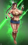  1girl alluring athletic_female big_breasts blush breasts delta26 female_abs female_only fit_female julia_chang namco shorts smile solo_female tekken tekken_3 tekken_4 tekken_tag_tournament_2 thighs v 