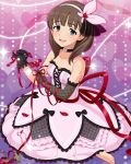 1girl annindoufu_(oicon) arm arms art babe bare_shoulders barefoot black_gloves blue_eyes blush brown_hair character_name choker dress female fishnets flower flower_(symbol) gloves hair_ornament hair_ribbon hairband happy heart holding idolmaster idolmaster_cinderella_girls looking_at_viewer neck necklace official_art open_mouth petals pink_dress ribbon sakuma_mayu short_hair sitting smile solo sparkle strapless strapless_dress wariza