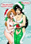 2_girls alternate_costume bare_arms bare_legs bare_shoulders bell belt big_breasts bikini bikini_top_only black_belt black_collar breasts christmas christmas_outfit cleavage collar collarbone couple dark_green_hair disney earrings english_text female_only fur_trim gloves green_bikini green_eyes green_gloves green_headwear groin half-closed_eyes happy hat high_res holding_hands hugging jewelry kim_possible kimberly_ann_possible kugayama_hodai legs lips lipstick long_hair looking_at_viewer makeup medium_breasts merry_christmas midriff multiple_girls naughty_face navel neck neck_bell necklace open_mouth orange_hair pink_lips red_bikini red_gloves red_headwear red_lips round_teeth santa_hat shego simple_background smile snow speech_bubble standing stockings straight_hair swimsuit teeth thighs thong upper_teeth_only yuri