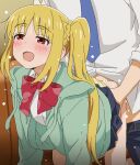  1boy 1girl :d bangs blonde blonde_female blonde_hair blue_necktie blush bocchi_the_rock! bow bowtie clothed_sex clothing_aside doggy_position green_jacket happy_sex ijichi_nijika jacket neck_tie open_mouth panties panties_aside red_bow red_bowtie red_eyes sex sex_from_behind shirt side_ponytail smile solo_focus straight tomu_(tomubobu) torso_grab underwear white_shirt yellow_panties 