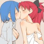  2_girls 2girls blue_hair breasts ecchi female kiss kissing kyouko_sakura love miki_sayaka multiple_girls nipples redhead sakura_kyouko sayaka_miki towel yuri 