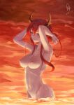  1girl 1girl 1girl arknights armpits arms_up big_breasts breasts clavicle closed_mouth completely_nude covering cy9 dated demon_horns eyebrows_visible_through_hair groin high_resolution horns large_filesize long_hair molten_rock navel nipples nude purple_eyes red_hair signature slit_pupils smile surtr_(arknights) tying_hair upper_body very_high_resolution 