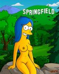  1girl blue_hair hair marge_simpson nude outdoors shaved tagme the_simpsons yellow_skin 