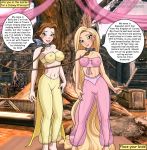 areolae beauty_and_the_beast blonde_hair blush bondage breasts brown_hair crossover disney enchantedhentai.com hair nipples princess_belle pussy rapunzel see_through speech_bubble tangled text tree 