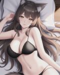 1girl ai_generated aphmau_(youtuber) big_breasts black_bra black_panties bra brown_eyes brown_hair female_focus female_only laying_down laying_on_bed lim3n_ai long_hair long_hair_female melissa_lycan on_back panties perfect_body wolf_ears wolf_girl wolf_tail youtube