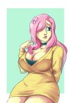  1girl blue_eyes breasts butterfly_hair_ornament choker cleavage clothed dress embarrassed female female_only fluttershy fluttershy_(mlp) friendship_is_magic hair_ornament hair_over_one_eye humanized large_breasts lips long_hair looking_away my_little_pony pink_hair playing_with_own_hair solo thighs yellow_dress 