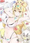 1girl :p absurd_res alluring barefoot big_breasts bikini blonde_hair breasts chest_jewel collarbone daive earrings eyebrows_visible_through_hair full_body gem headpiece high_res jewelry kneel leg_garter long_hair looking_at_viewer mythra mythra_(xenoblade) nintendo swimsuit tongue tongue_out voluptuous white_bikini xenoblade_(series) xenoblade_chronicles_2 yellow_eyes