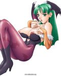  1girl areola areolae ass bare_shoulders bat bat_print bats boots breasts capcom cleavage darkstalkers demon_girl elbow_gloves erect_nipples gegera gloves green_hair hair head_wings headwings large_breasts long_hair lying morrigan_aensland muscle muscular_arms nipples open_mouth pantyhose pointy_breasts print_legwear solo succubus thighhighs vampire_(game) watermark wings 