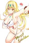 alluring arm_under_breasts bangs big_breasts bikini blonde_hair blush breasts cleavage cowboy_shot creatures_(company) daive eyebrows_visible_through_hair french_text front-tie_bikini front-tie_top game_freak high_res mythra mythra_(xenoblade) nintendo o-ring o-ring_bikini poke_ball poke_ball_(basic) pokemon simple_background smile strap_gap swept_bangs swimsuit tiara voluptuous white_background white_bikini xenoblade_(series) xenoblade_chronicles_2 yellow_eyes