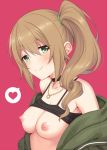 1girl 1girl 1girl asymmetrical_hair bangs bare_shoulders black_camisole blush breasts breasts_out_of_clothes brown_hair chloe_(princess_connect!) choker clavicle closed_mouth green_eyes green_jacket heart horosuke_(toot08) jacket jewelry long_hair looking_at_viewer necklace nipples off_shoulder open_clothes open_jacket pink_background ponytail princess_connect! princess_connect!_re:dive shirt shirt_lift side_ponytail simple_background smile speech_bubble spoken_heart tied_hair 