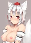  1girl 1girl 1girl animal_ear_fluff animal_ears bangs big_breasts breast_hold breasts clavicle closed_mouth eyebrows_visible_through_hair grey_background hat high_resolution inubashiri_momiji looking_at_viewer nipples nude red_eyes red_headwear short_hair silver_hair simple_background smile tail tatsumiya_kagari tokin_hat touhou upper_body white_sleeves wolf_ears wolf_girl wolf_tail 
