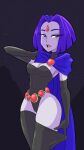  1girl 1girl 1girl 2022 absurd_res amhidden armwear belt black_thighhighs blush cloak dc_comics female_only forehead_jewel leotard looking_at_viewer medium_hair narrowed_eyes purple_eyes purple_hair raven_(dc) smiling_at_viewer solo_female stockings teen_titans thick_thighs thigh_squish thighhighs_pull 