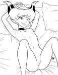  1girl bed breasts collar dc dc_comics female hands_behind_head jinx looking_at_viewer lying megasweet monochrome navel nipples nude on_back pillow pussy small_breasts smile solo teen_titans uncensored 