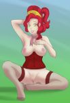  1girl breasts cherry_jubilee exposed_breasts eyes female female_only friendship_is_magic green hairless_pussy hand_behind_head humanized lingerie looking_at_viewer mew_(artist) milf mostly_nude muh-arts my_little_pony no_panties pussy red_hair sitting solo stockings 