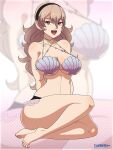  1girl alluring bare_legs barefoot big_breasts bikini breasts brown_hair corrin_(fire_emblem) corrin_(fire_emblem)_(female) female_only fire_emblem fire_emblem_cipher fire_emblem_fates layerth legs long_hair looking_at_viewer nintendo official_alternate_costume open_mouth pointy_ears red_eyes shell_bikini smile swimsuit 