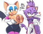  1girl 2021 anthro areola big_breasts blaze_the_cat breasts chiropteran clothing domestic_cat duo english_text felid feline felis fur gloves hand_on_breast handwear mammal nipples purple_body purple_fur rouge_the_bat sega simple_background sonic_the_hedgehog_(series) squidapple text white_background yellow_eyes 
