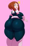  1girl ass big_ass big_breasts bodysuit breasts brown_eyes brown_hair clothing female_only huge_ass huge_breasts human looking_at_viewer looking_back my_hero_academia ochako_uraraka open_mouth pink_background short_hair simple_background sssonic2 standing thick_thighs uraraka_ochako voluptuous wide_hips 
