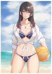 1girl alluring beach bikini blue_eyes collar dead_or_alive dead_or_alive_xtreme_venus_vacation earrings high_res jewelry konishiki_(52siki) long_hair looking_at_viewer midriff nanami_(doa) ocean open_mouth sky smile swimsuit tecmo volleyball volleyball_ball