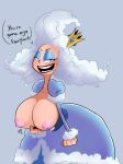  1girl big_breasts blue_eyes breasts cloud cloud_hair dress english_text eye_bags fat_ass female_only high_resolution i_hate_fairyland large_ass long_hair open_clothes open_mouth queen queen_cloudia scrabble007 smile speech_bubble text topless white_hair 