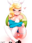  1girl adventure_time animal_hat b0rn-t0-die_(artist) bare_shoulders big_breasts blonde_hair blush breasts bunny_ears cartoon cleavage collarbone comic fionna_the_human hat heart-shaped_pupils long_hair looking_at_viewer no_bra panties pussy shoes stockings white_panties 