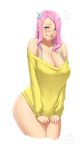  1girl ass bare_shoulders biting blue_eyes blush bra_strap breasts cleavage cropped_legs female fluttershy flying_sweatdrops friendship_is_magic highres humanized large_breasts lip_biting long_hair looking_at_viewer lvl_(artist) my_little_pony off_shoulder pink_hair shy solo sweatdrop sweater 