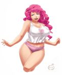  1girl bare_shoulders blue_eyes blush breasts cleavage cropped_legs friendship_is_magic humanized large_breasts long_hair looking_at_viewer lvl_(artist) midriff my_little_pony open_mouth panties pink_hair pinkie_pie tank_top 
