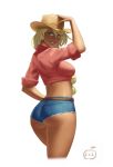  1girl applejack ass big_ass blonde_hair blue_eyes blush breasts cowboy_hat cropped_legs daisy_dukes dark_skin denim denim_shorts friendship_is_magic green_eyes hat humanized jean_shorts jeans long_hair looking_at_viewer looking_back low-tied_long_hair lvl_(artist) midriff my_little_pony short_shorts shorts simple_background smile solo tan white_background 