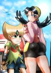 1boy 1girl :0 blonde_hair blue_eyes blue_hair blush child confused_look crystal_(pokemon) detailed_background emerald_(pokemon) erection_under_clothes green_eyes huge_cock looking_at_penis otoko_no_ko pokeball pokemon pokemon_adventures pokemon_gsc pokemon_rse pokemon_special pubic_hair shota shotacon smaller_male tall_female thick_thighs tight_clothing tight_fit trap