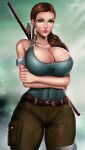  1female 1girl abstract_background arms_crossed_under_breasts arrows belt big_breasts breasts brown_eyes brown_hair brown_shorts cleavage eidos female_only flowerxl green_background green_topwear huge_breasts lara_croft lara_croft_(survivor) long_hair looking_at_viewer pale-skinned_female ponytail red_lipstick sexy_armpits stockings tomb_raider video_game_character video_games 