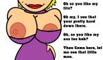 1girl areolae big_breasts blonde_hair breasts clothes english_text jack_porn_ass nipples poorly_drawn purple_clothes red_lips simple_background smile solo tagme text white_background 