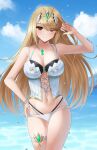  1girl 1girl 1girl 2d 2d_(artwork) alluring big_breasts bikini blonde_hair clouds day doiparuni female_focus female_only front_view grin hair_over_one_eye high_res high_resolution hourglass_figure light-skinned_female light_skin long_hair looking_at_viewer mythra nintendo ocean outside sky smiling_at_viewer solo_female solo_focus standing standing_in_water summer swimsuit thong thong_bikini two_piece_swimsuit water white_bikini white_bikini_bottom white_swimsuit xenoblade_(series) xenoblade_chronicles_2 yellow_eyes young younger_female 